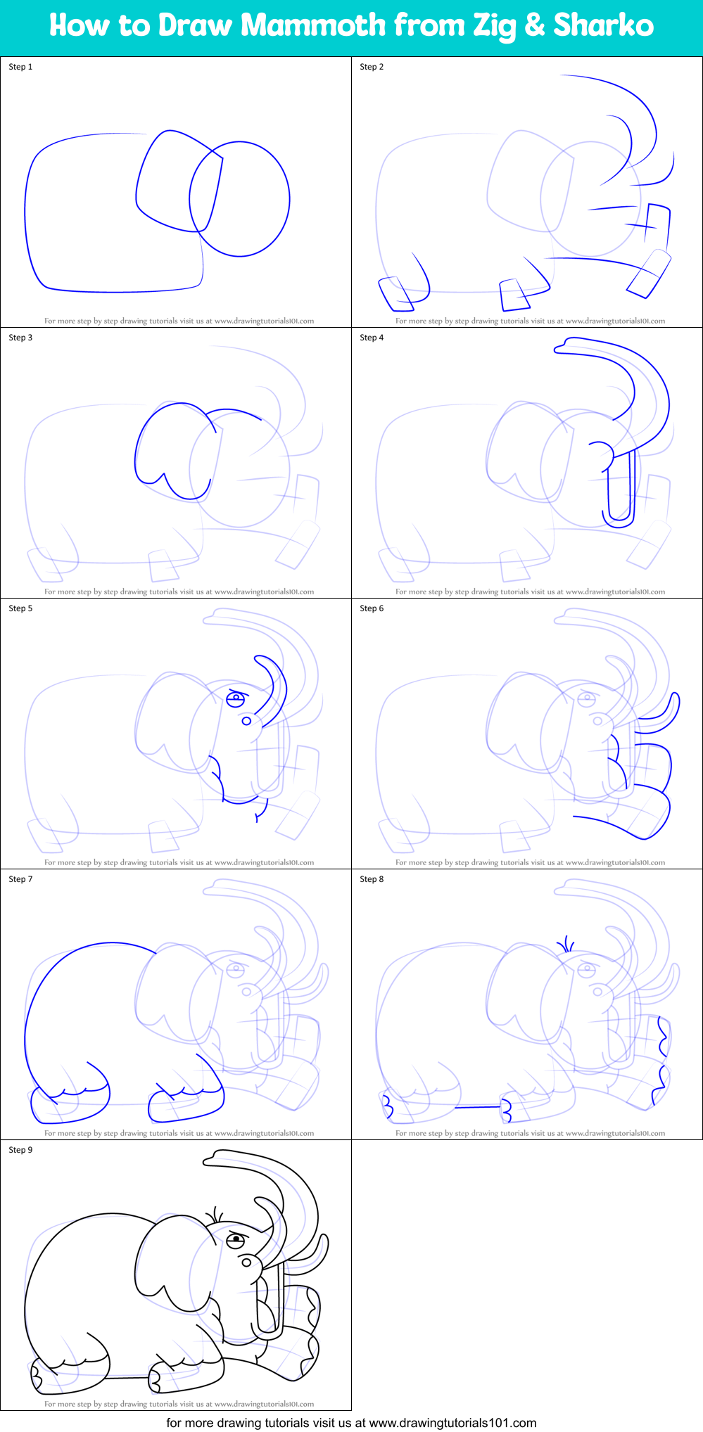 How to Draw Mammoth from Zig & Sharko Printable Step by Step