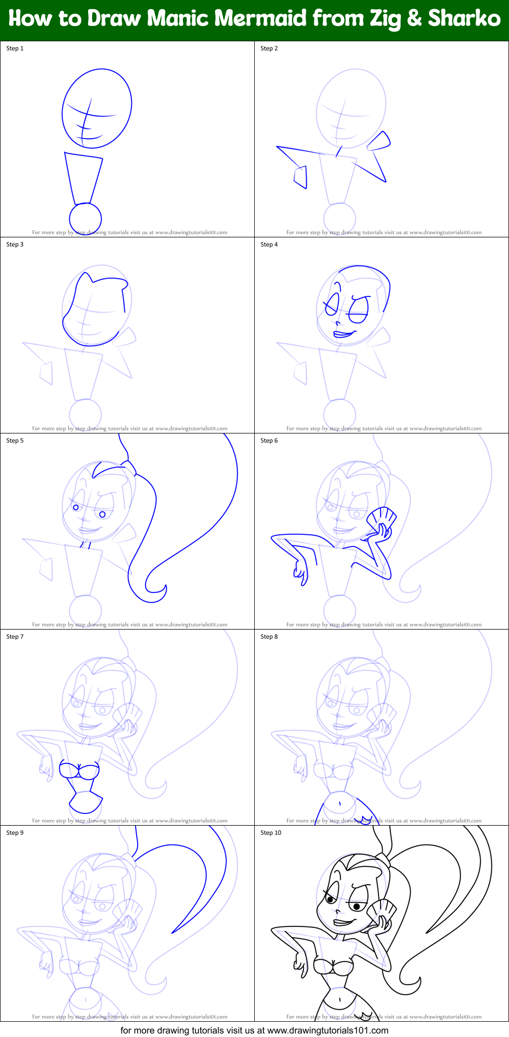 How to Draw Manic Mermaid from Zig & Sharko Printable Step by Step