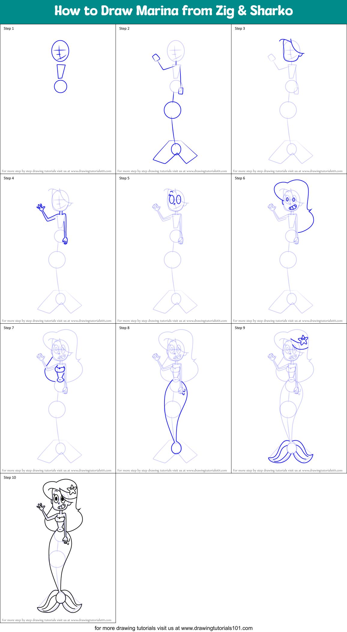How to Draw Marina from Zig & Sharko Printable Step by Step