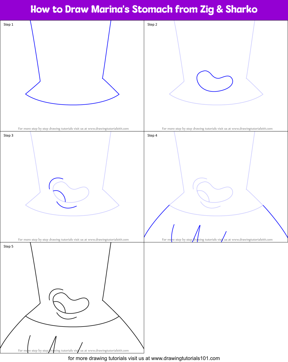 How to Draw Marina's Stomach from Zig & Sharko Printable Step by Step