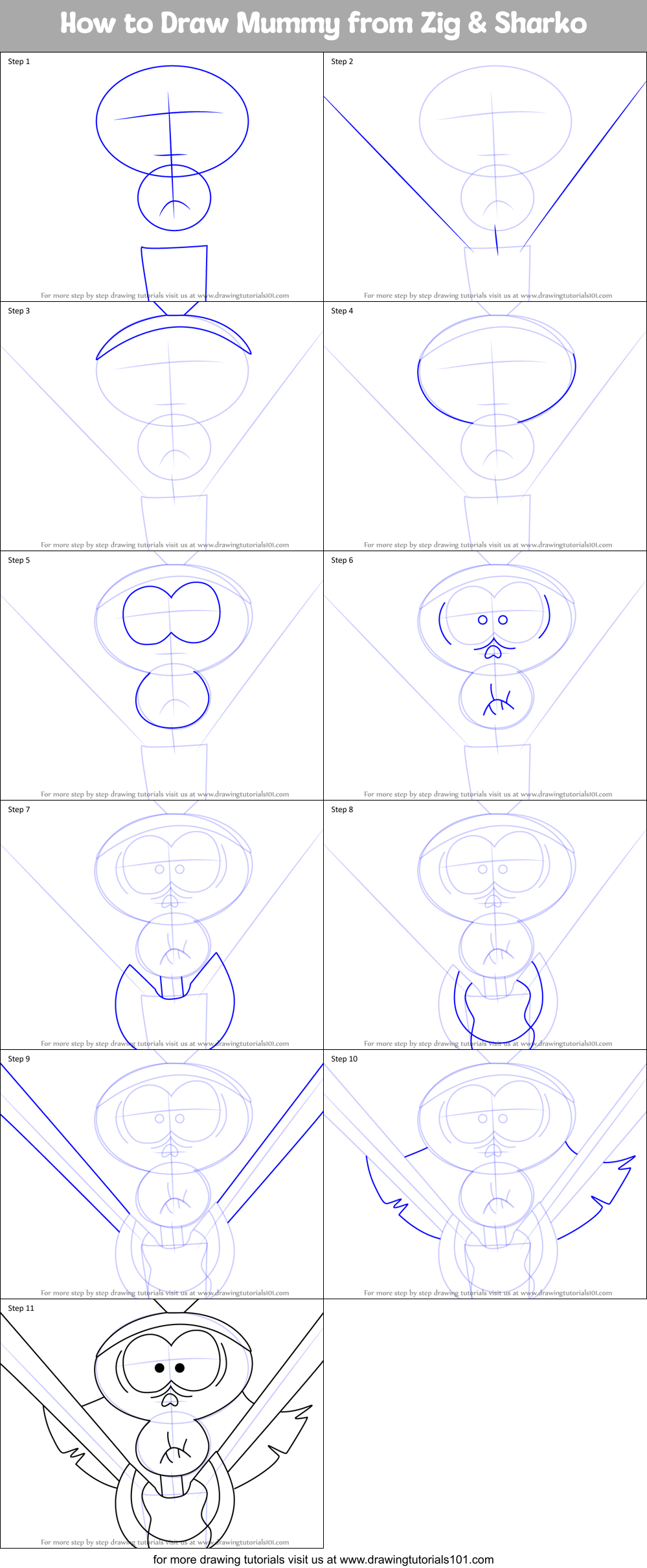 How to Draw Mummy from Zig & Sharko Printable Step by Step