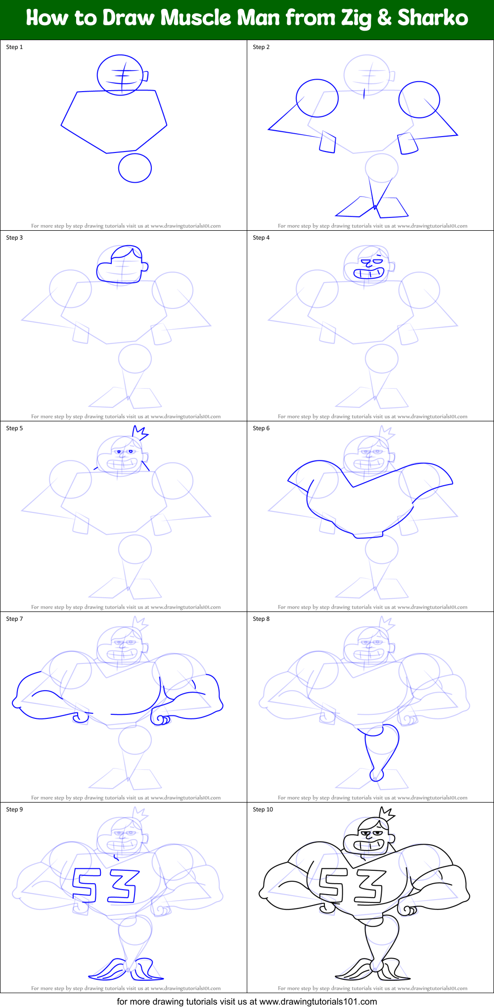 How to Draw Muscle Man from Zig & Sharko Printable Step by Step