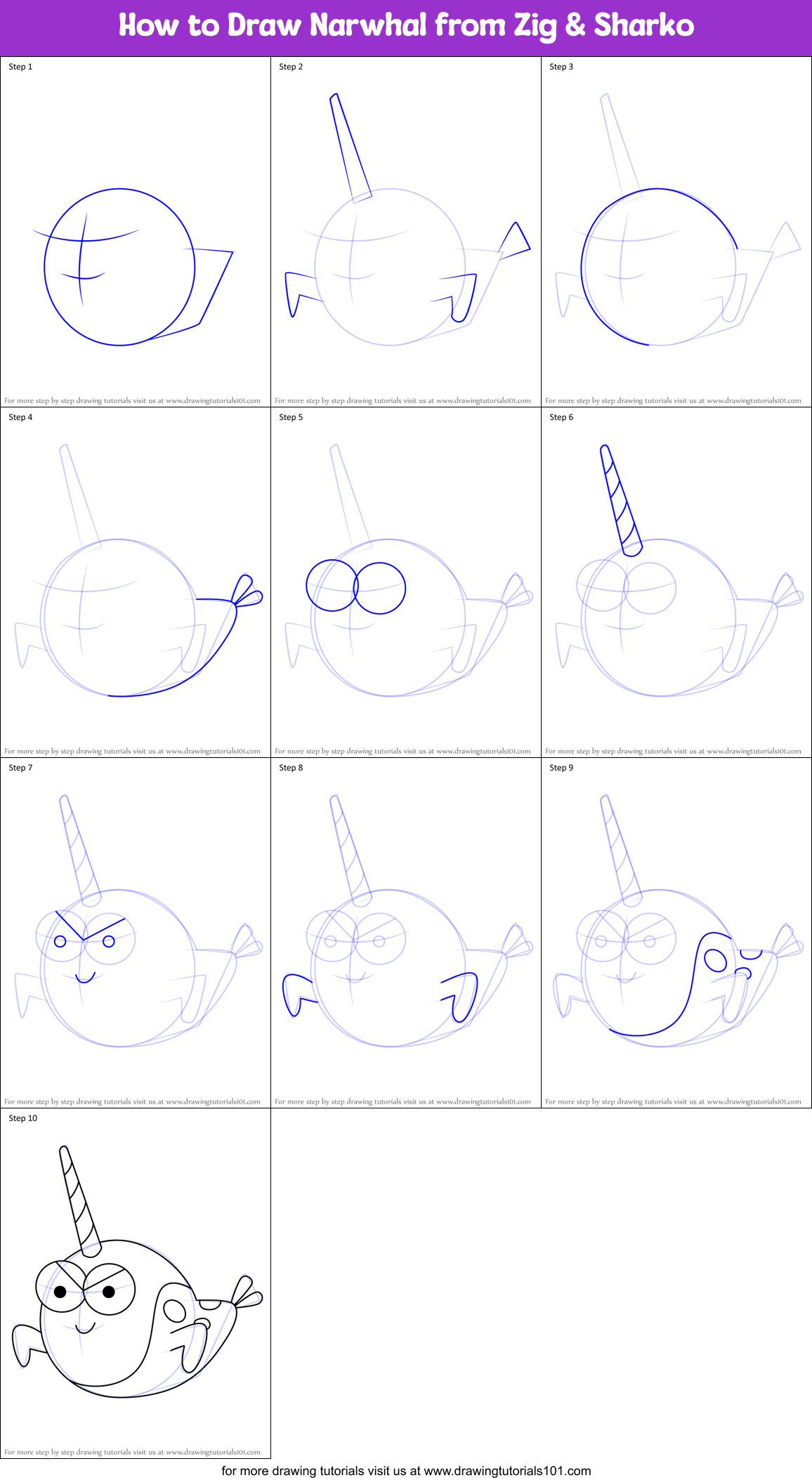 How to Draw Narwhal from Zig & Sharko Printable Step by Step