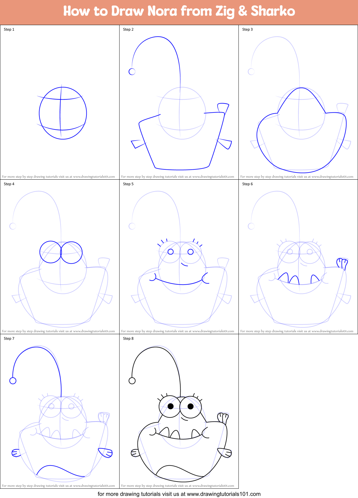 How to Draw Nora from Zig & Sharko Printable Step by Step