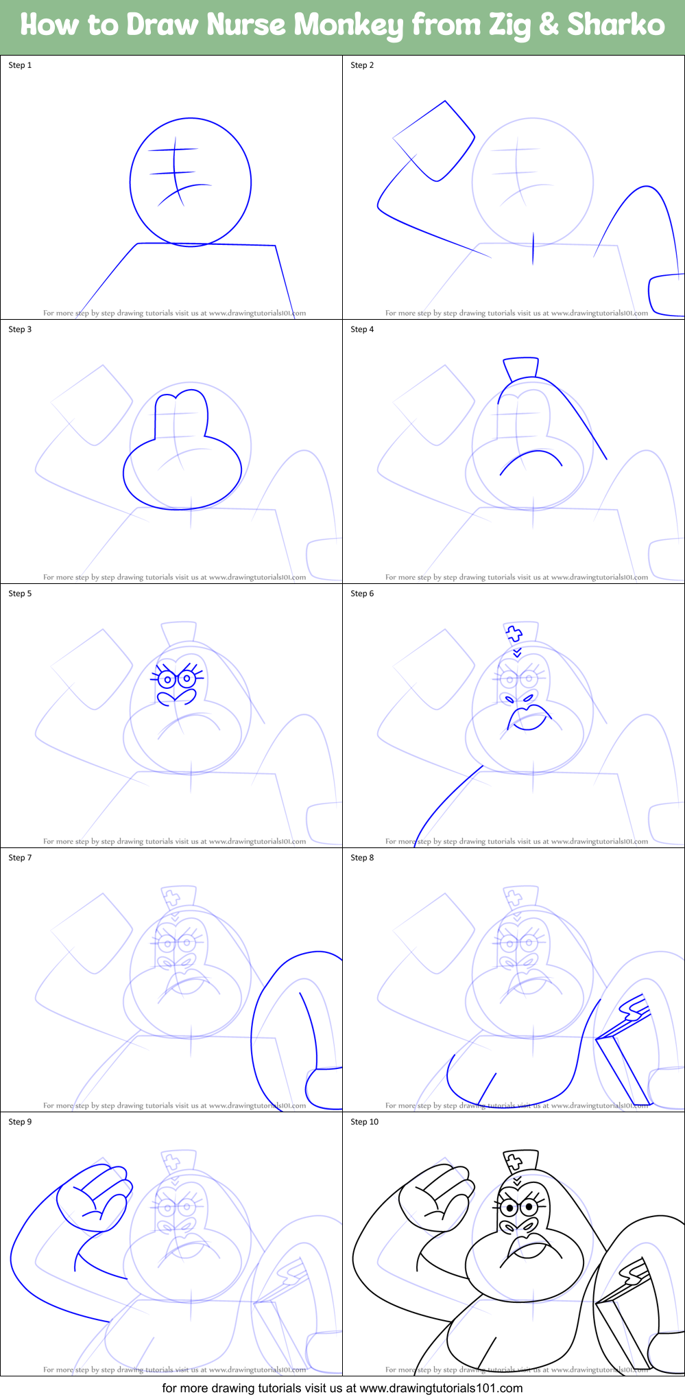 How to Draw Nurse Monkey from Zig & Sharko Printable Step by Step