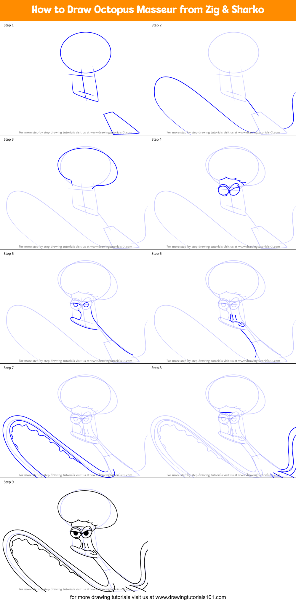 How to Draw Octopus Masseur from Zig & Sharko Printable Step by Step