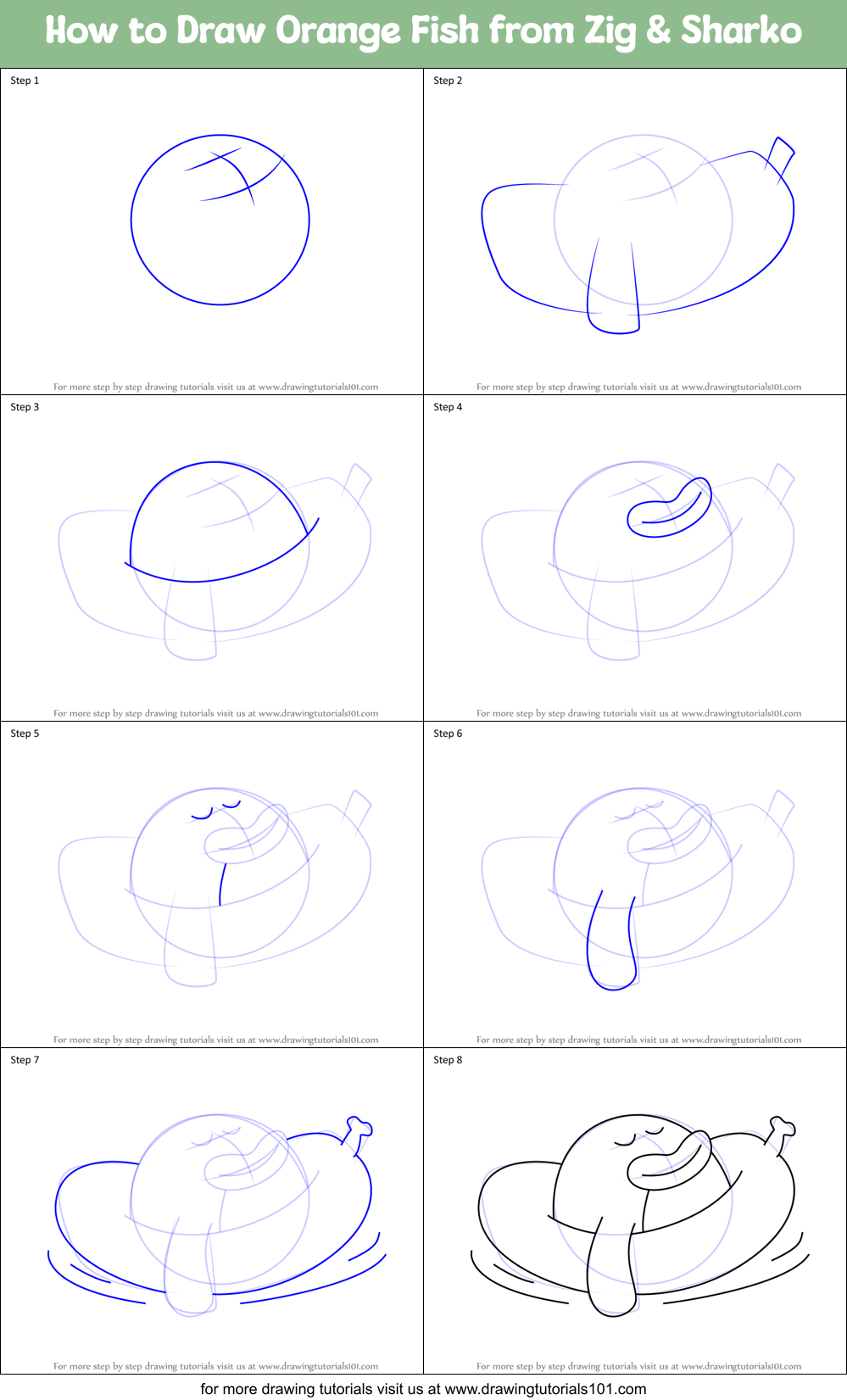 How to Draw Orange Fish from Zig & Sharko Printable Step by Step