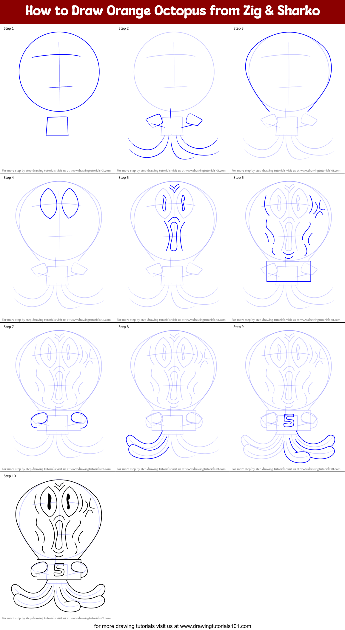 How to Draw Orange Octopus from Zig & Sharko Printable Step by Step