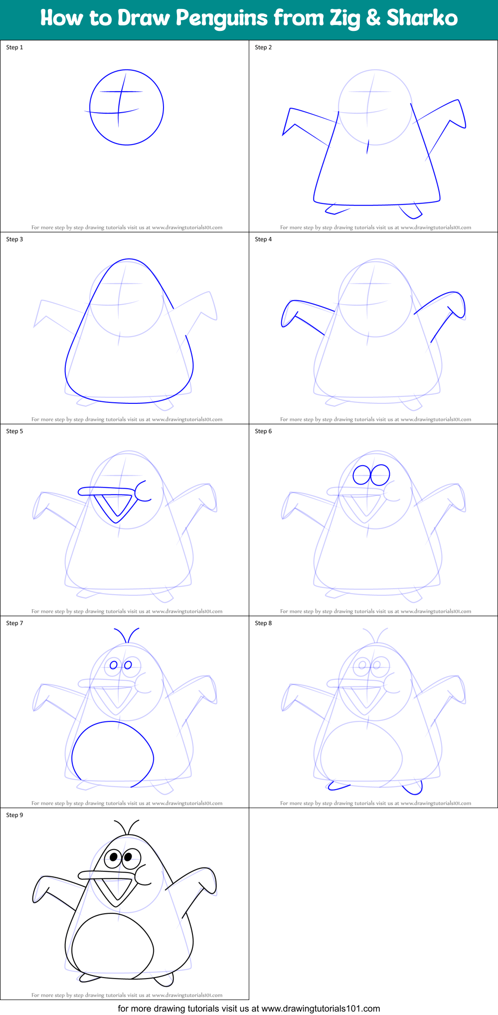 How to Draw Penguins from Zig & Sharko Printable Step by Step