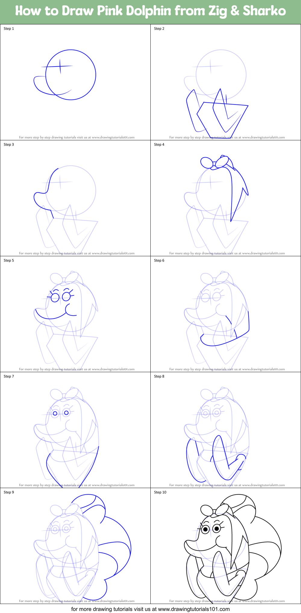 How to Draw Pink Dolphin from Zig & Sharko Printable Step by Step