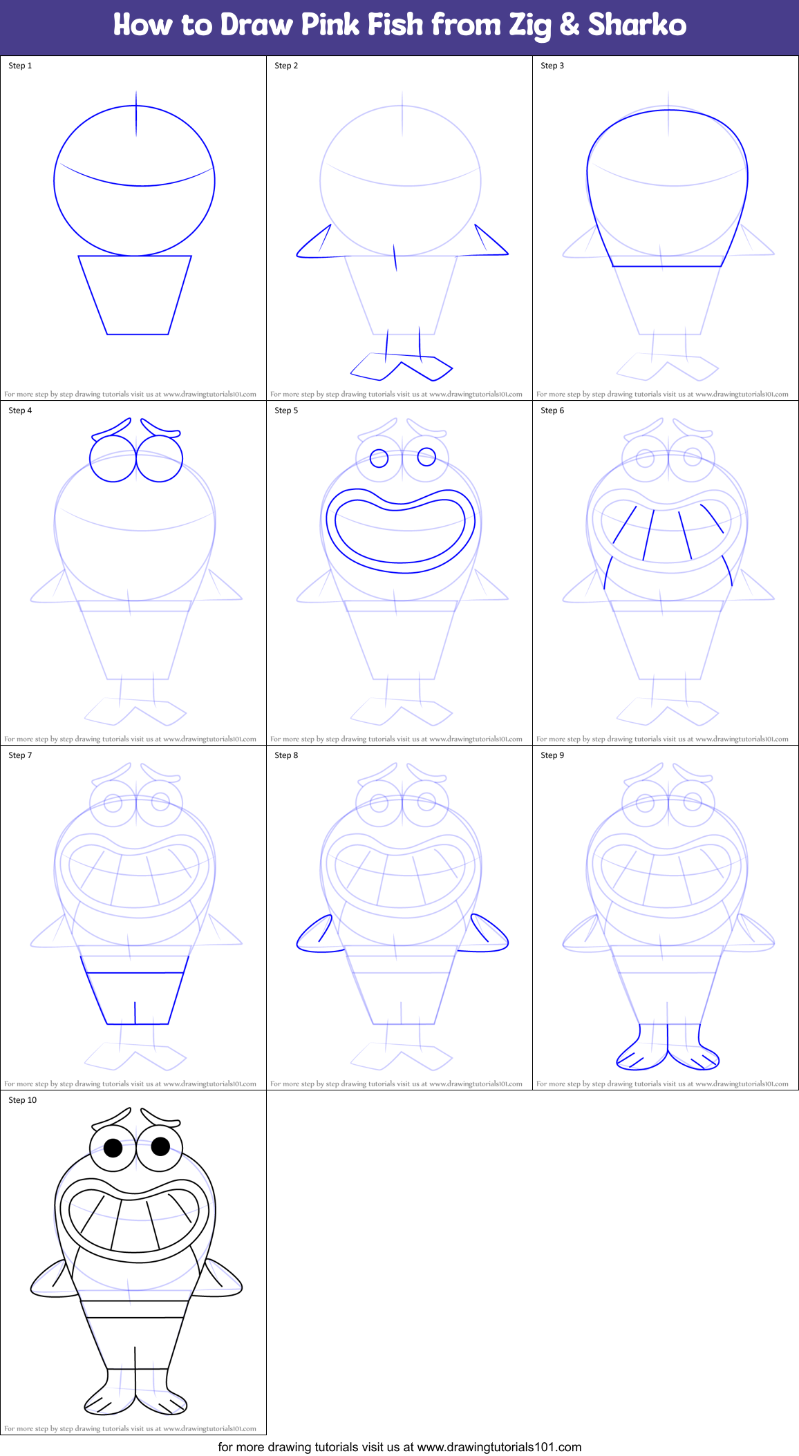 How to Draw Pink Fish from Zig & Sharko Printable Step by Step