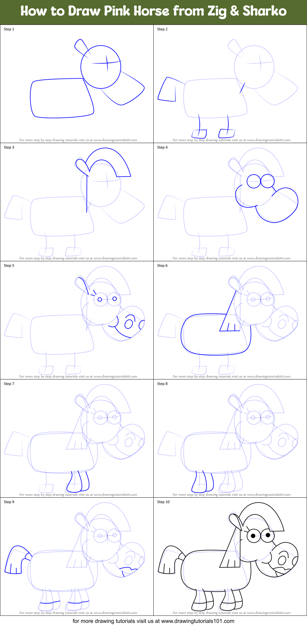 How to Draw Pink Horse from Zig & Sharko Printable Step by Step