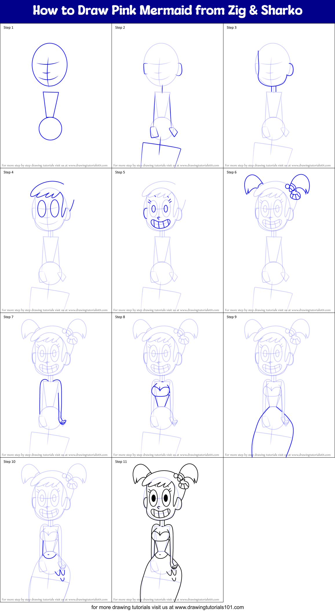 How to Draw Pink Mermaid from Zig & Sharko Printable Step by Step