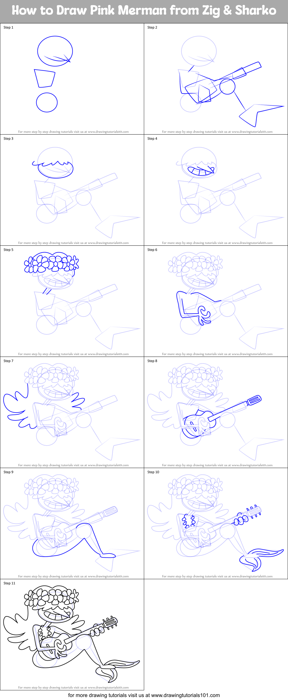 How to Draw Pink Merman from Zig & Sharko Printable Step by Step