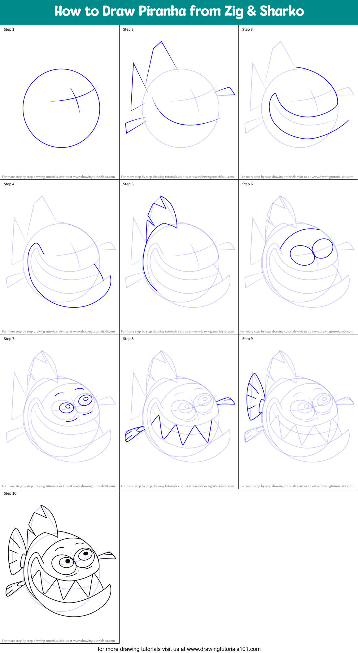 How to Draw Piranha from Zig & Sharko Printable Step by Step