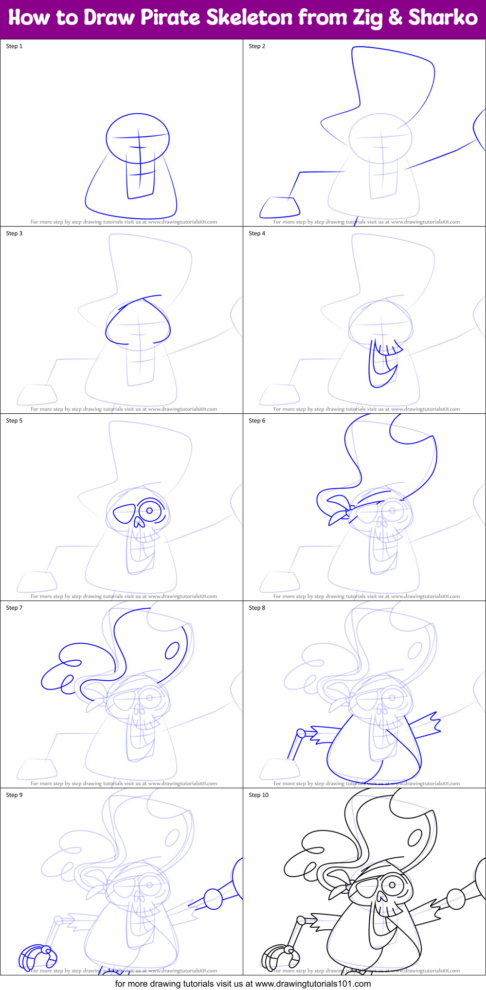 How to Draw Pirate Skeleton from Zig & Sharko Printable Step by Step