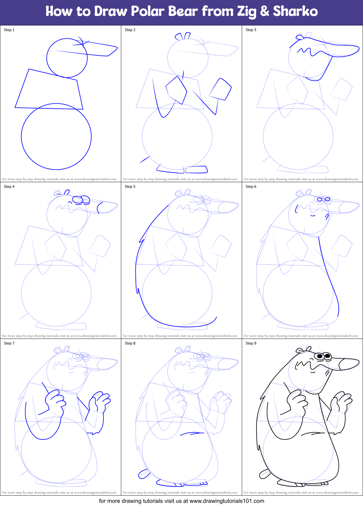How to Draw Polar Bear from Zig & Sharko Printable Step by Step