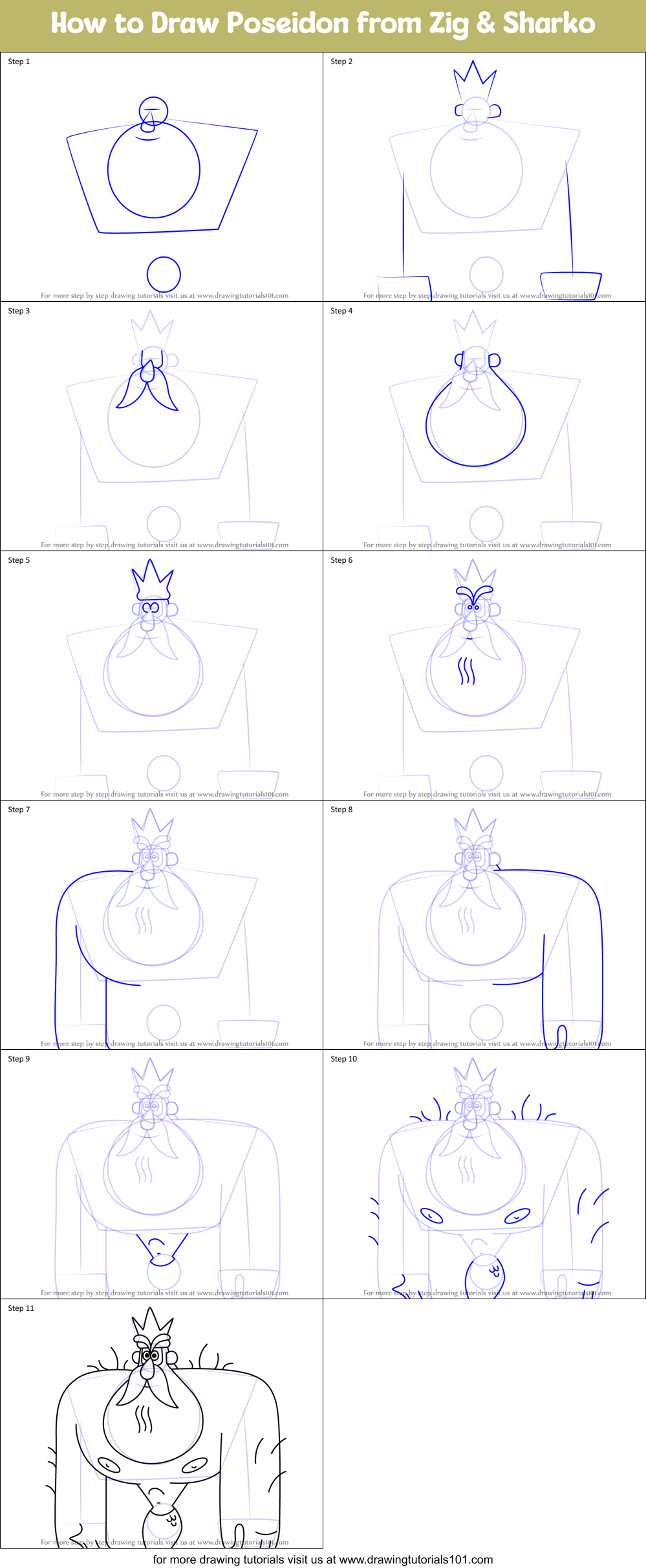 How to Draw Poseidon from Zig & Sharko Printable Step by Step