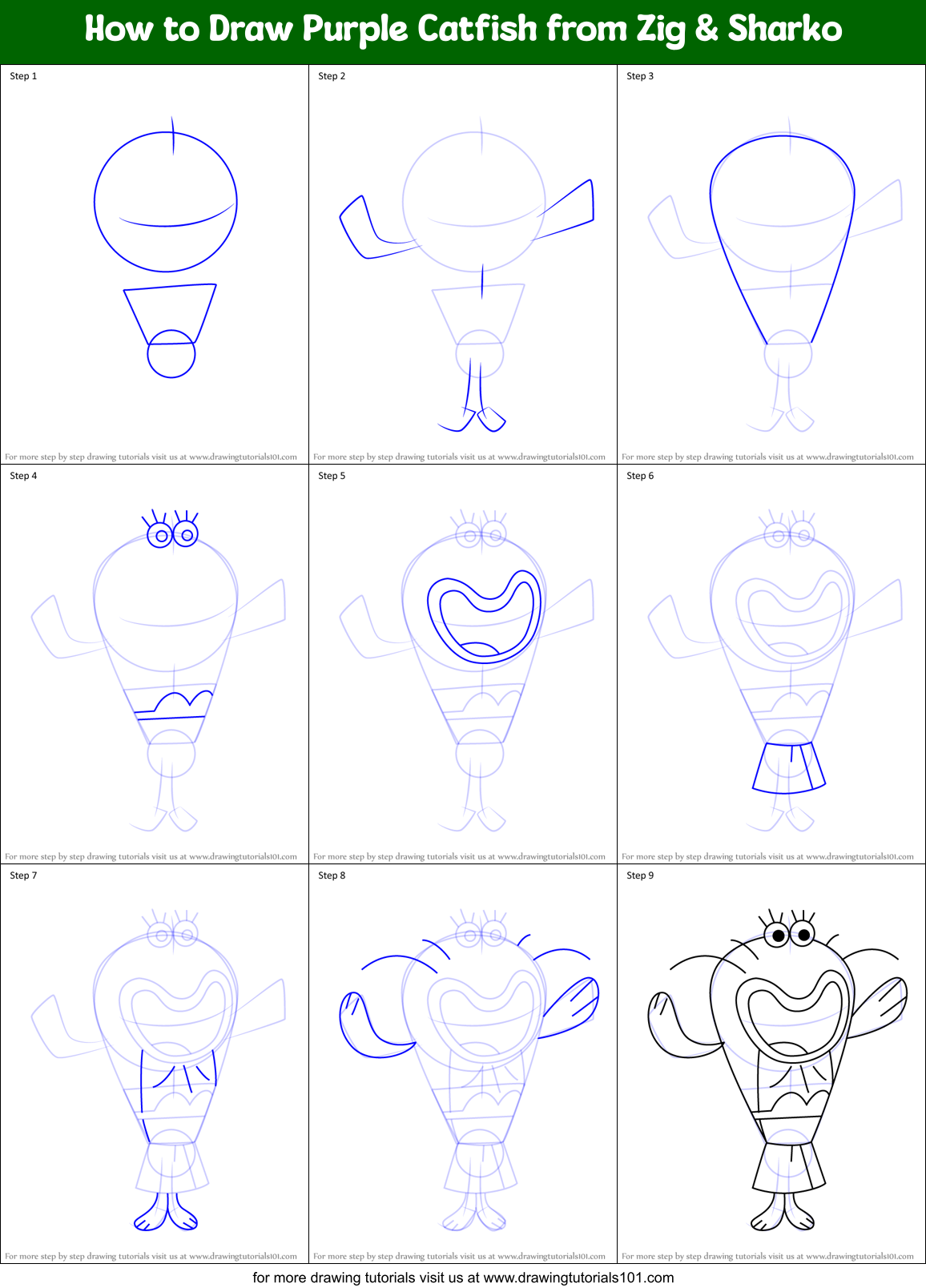 How to Draw Purple Catfish from Zig & Sharko Printable Step by Step