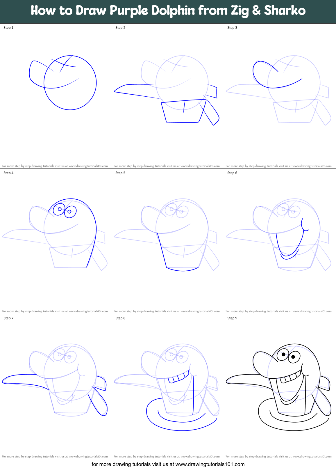 How to Draw Purple Dolphin from Zig & Sharko Printable Step by Step