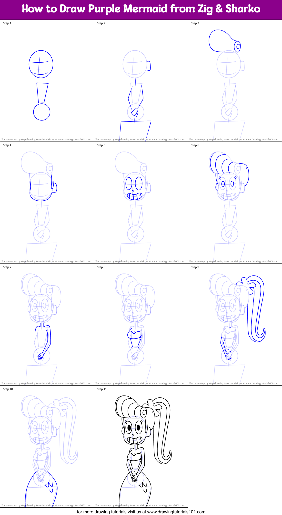How to Draw Purple Mermaid from Zig & Sharko Printable Step by Step
