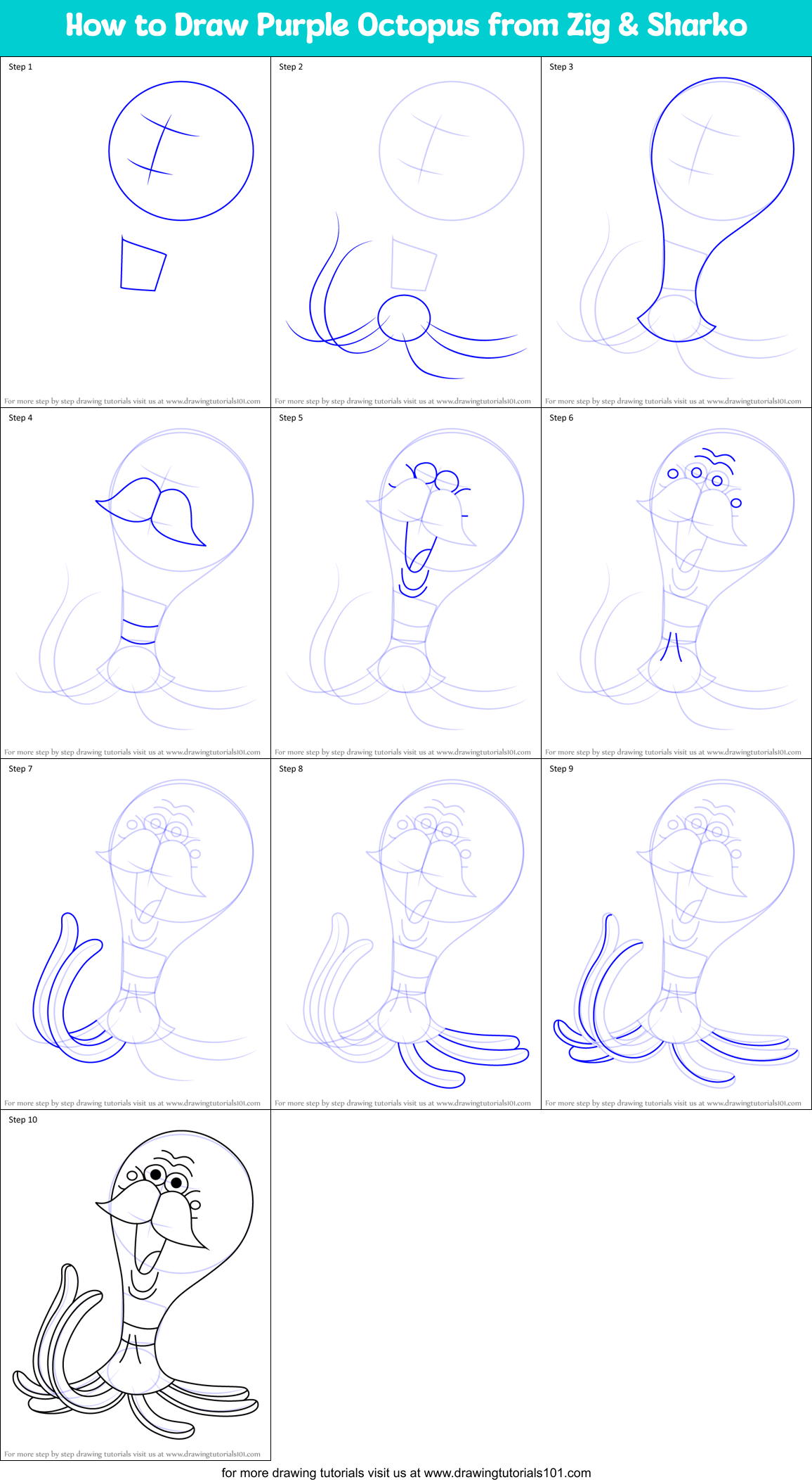How to Draw Purple Octopus from Zig & Sharko Printable Step by Step