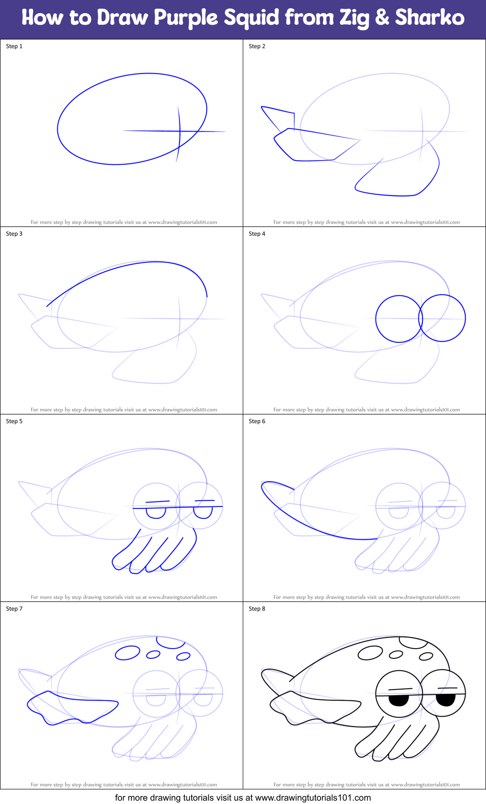 How to Draw Purple Squid from Zig & Sharko Printable Step by Step