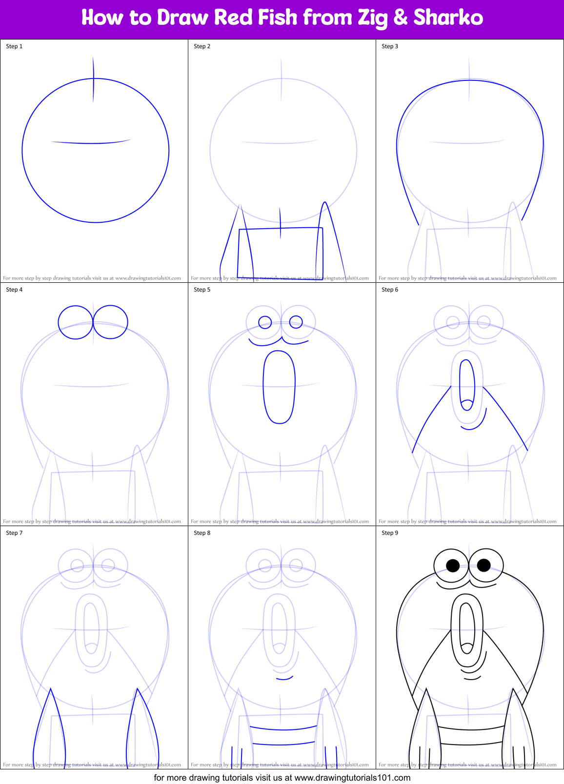 How to Draw Red Fish from Zig & Sharko Printable Step by Step