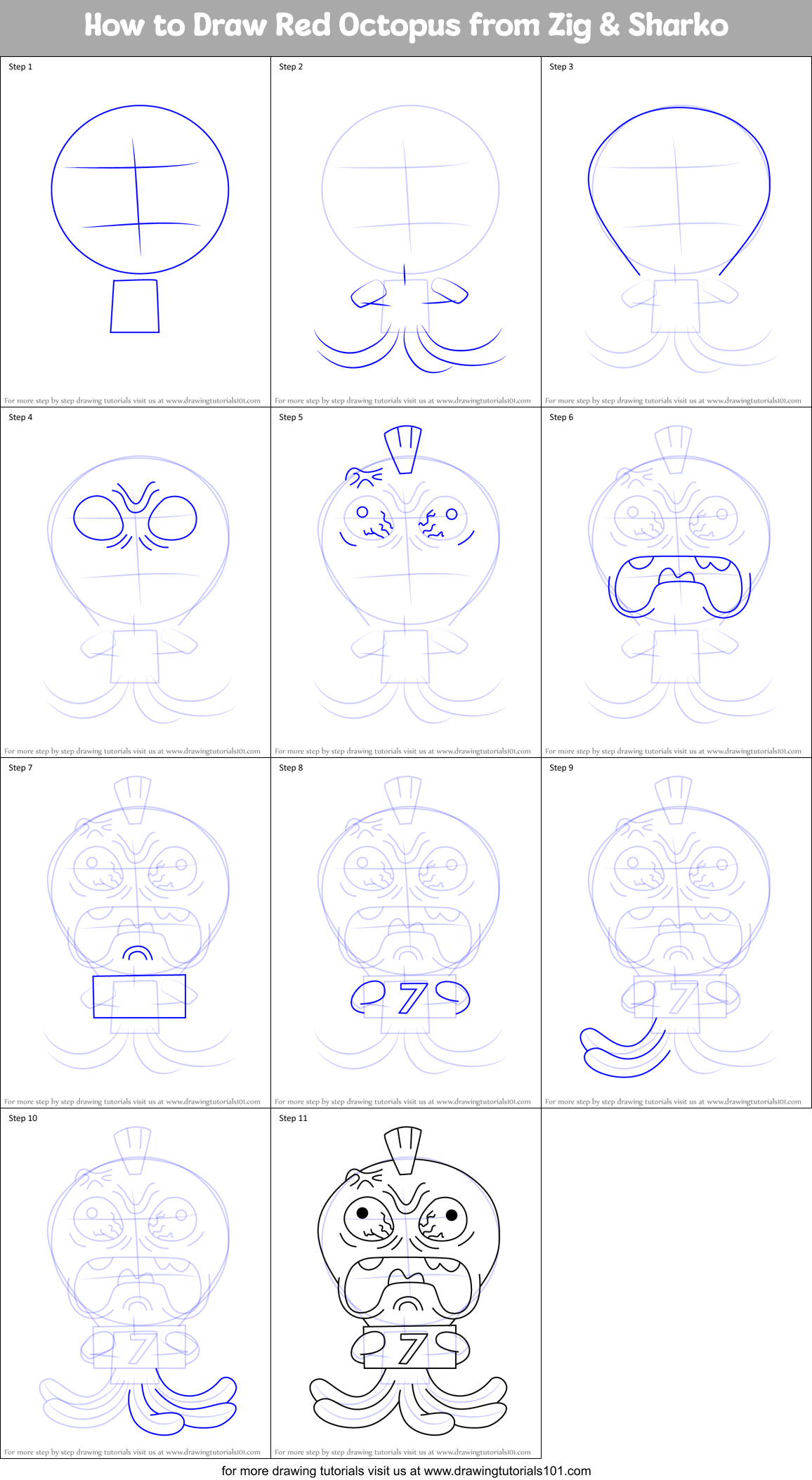 How to Draw Red Octopus from Zig & Sharko Printable Step by Step