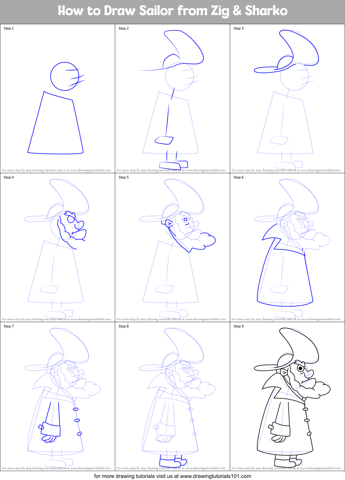 How to Draw Sailor from Zig & Sharko Printable Step by Step