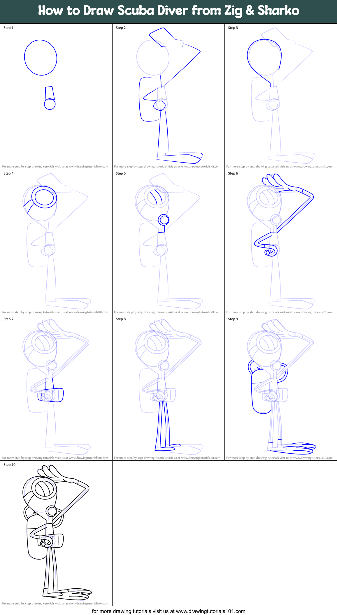 How to Draw Scuba Diver from Zig & Sharko Printable Step by Step