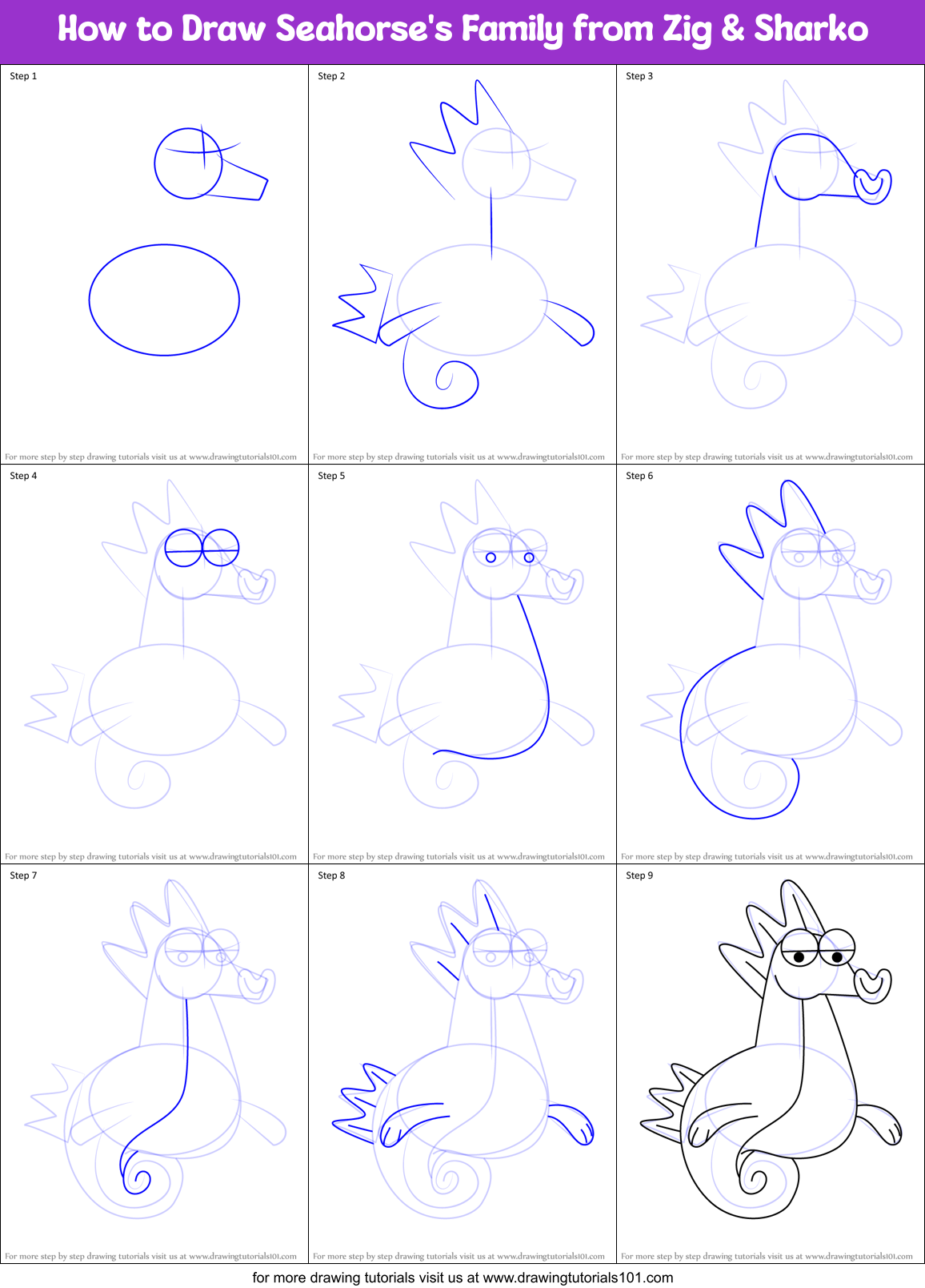 How to Draw Seahorse's Family from Zig & Sharko Printable Step by Step