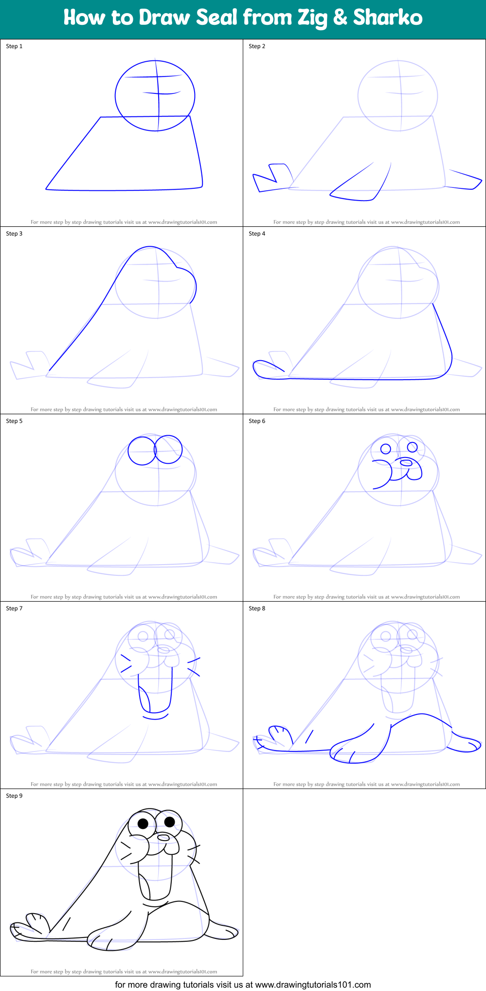 How to Draw Seal from Zig & Sharko Printable Step by Step