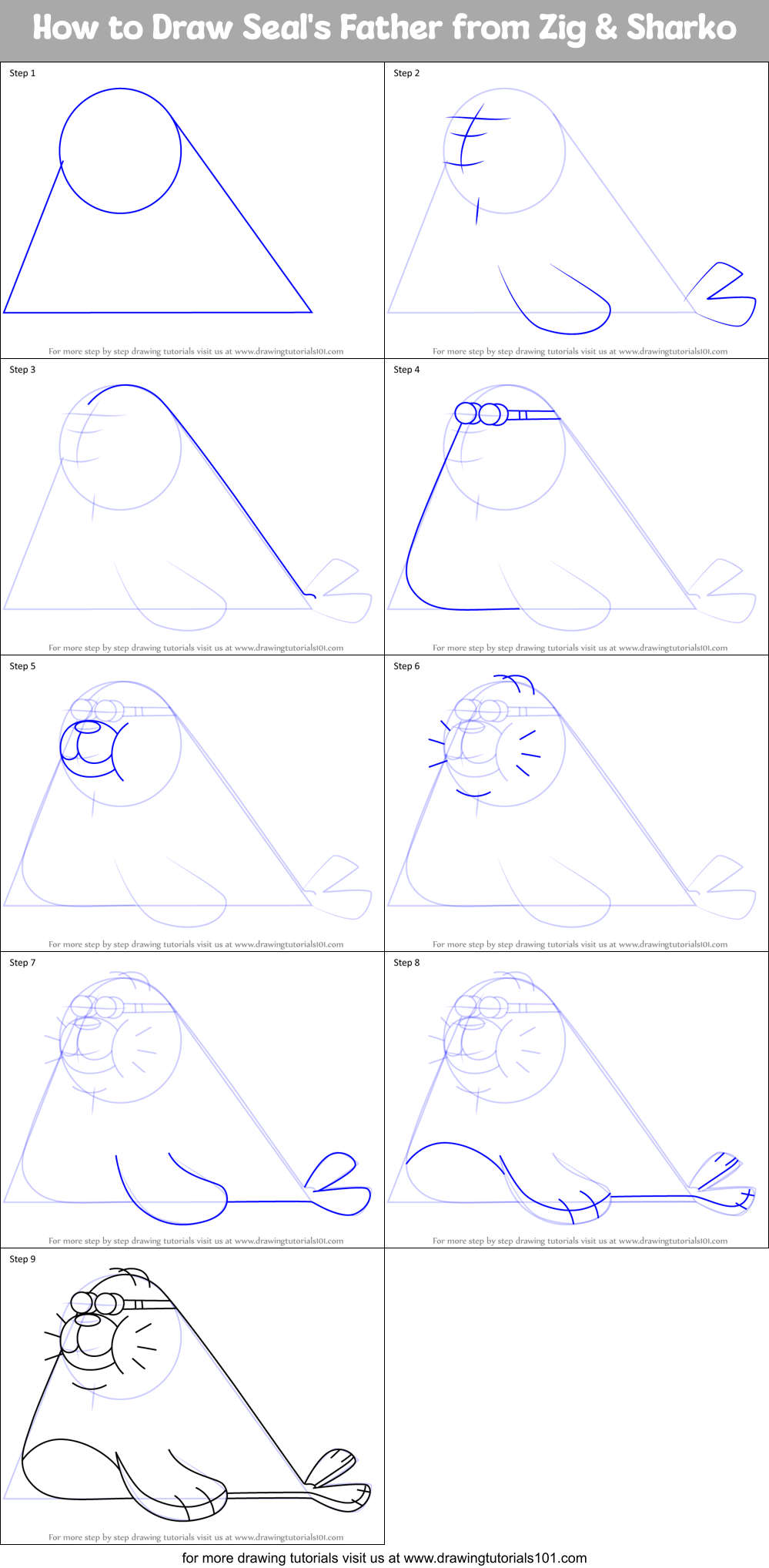 How to Draw Seal's Father from Zig & Sharko Printable Step by Step