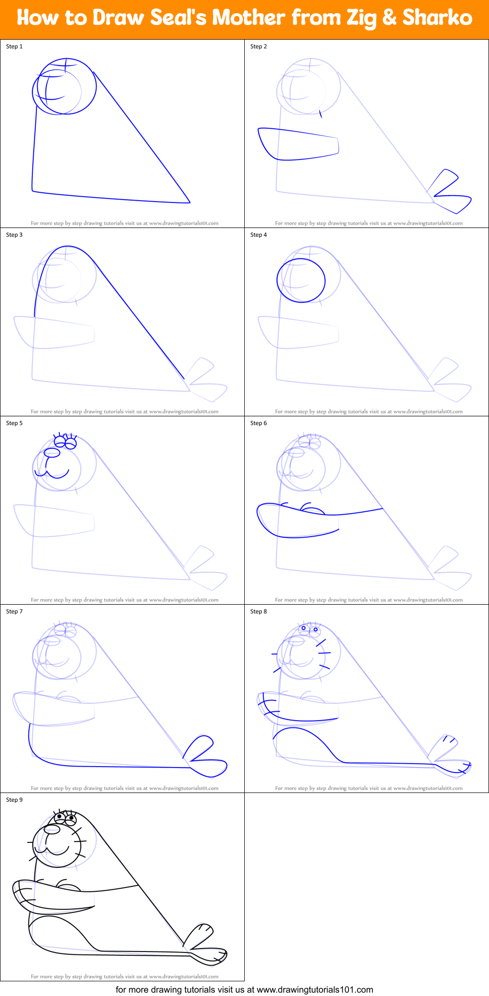 How to Draw Seal's Mother from Zig & Sharko Printable Step by Step