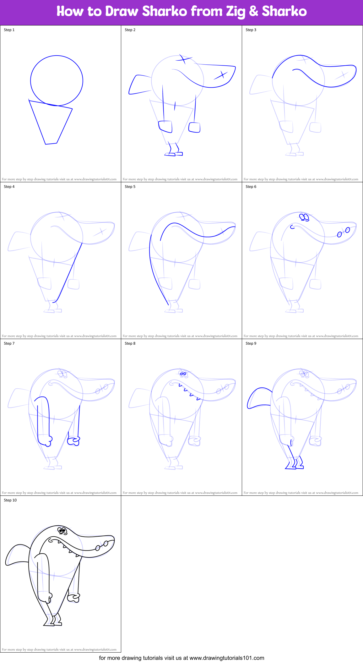 How to Draw Sharko from Zig & Sharko Printable Step by Step