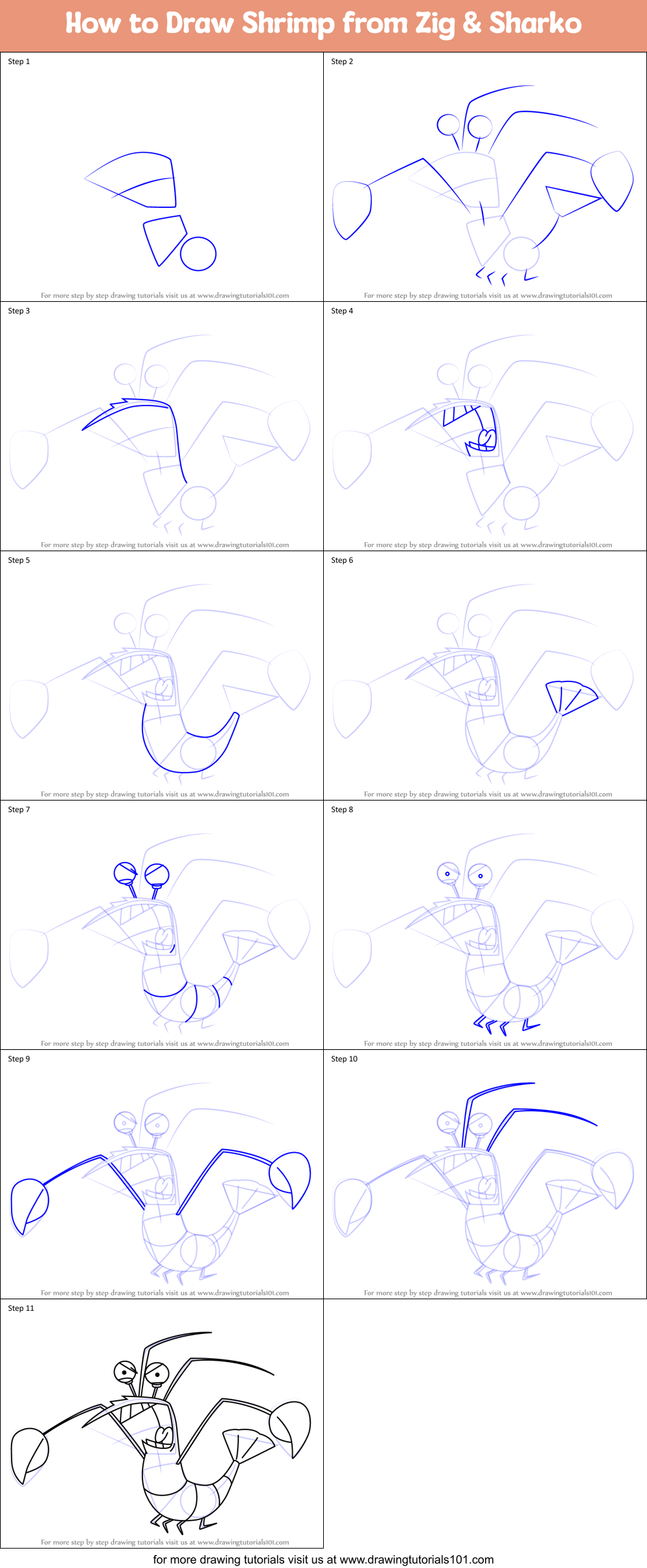 How to Draw Shrimp from Zig & Sharko Printable Step by Step