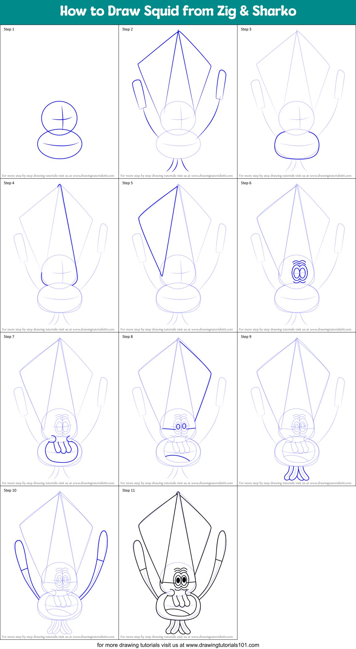 How to Draw Squid from Zig & Sharko Printable Step by Step