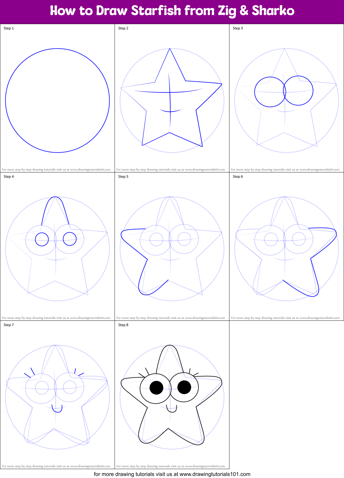 How to Draw Starfish from Zig & Sharko Printable Step by Step