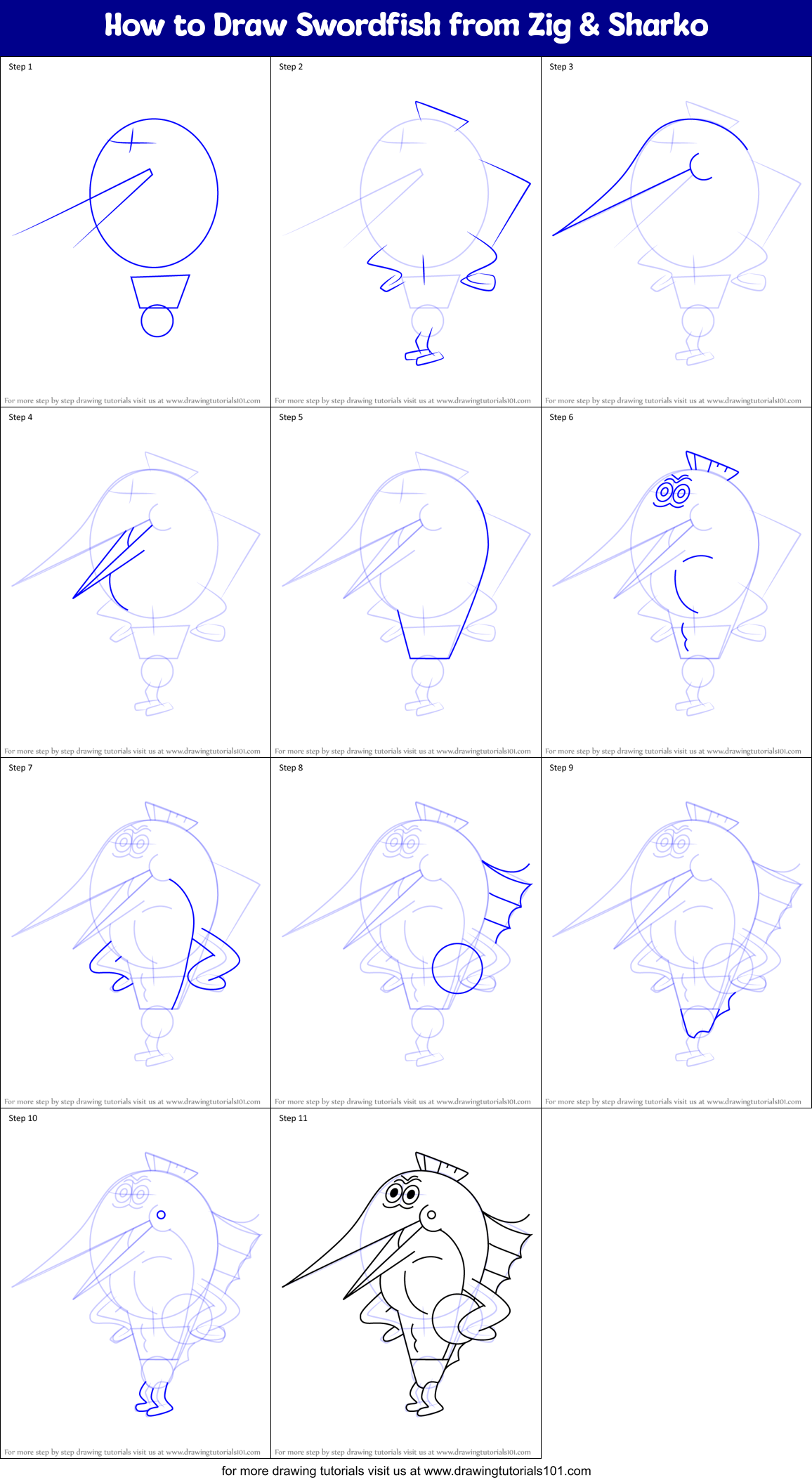 How to Draw Swordfish from Zig & Sharko Printable Step by Step