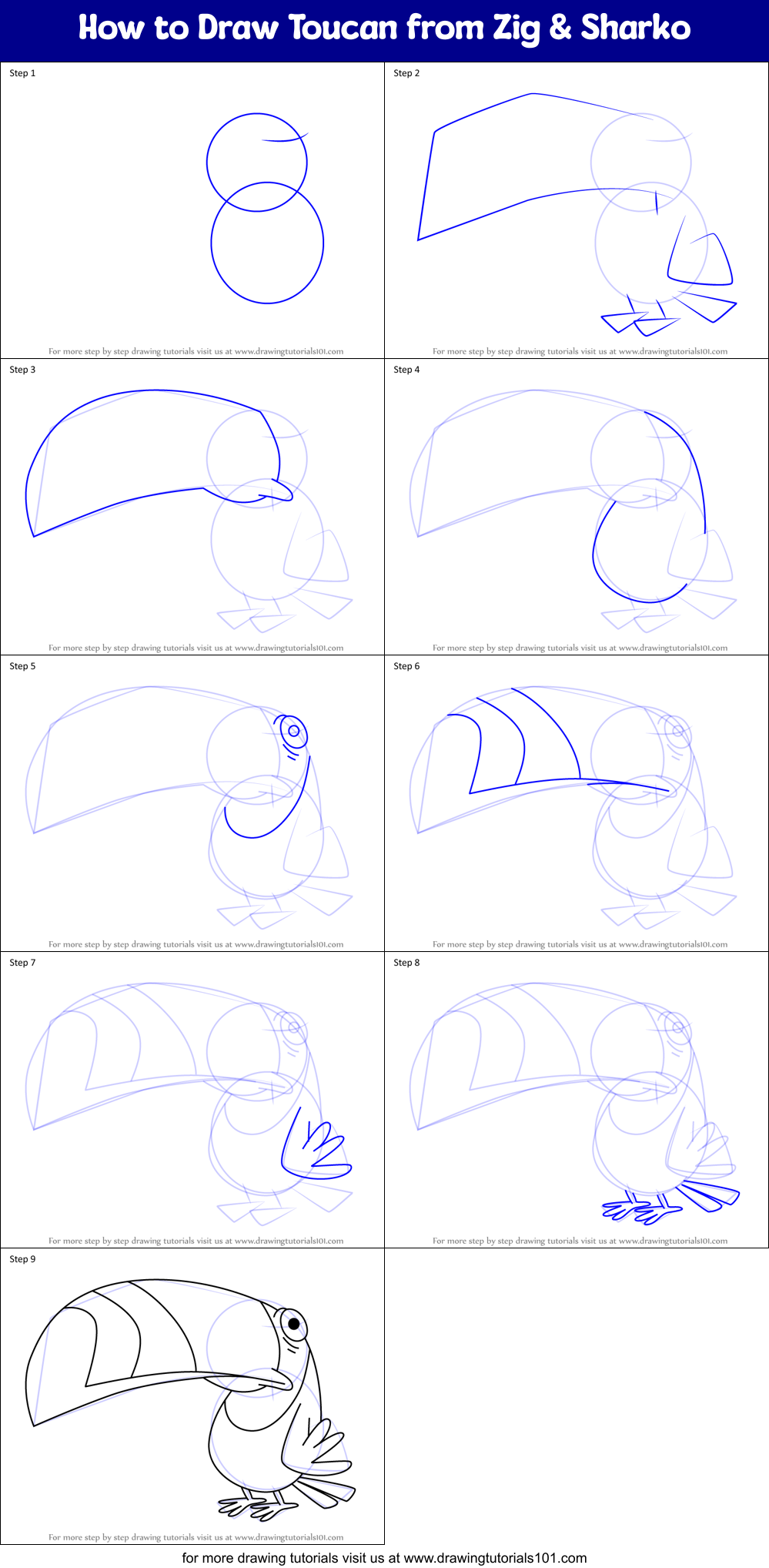 How to Draw Toucan from Zig & Sharko Printable Step by Step