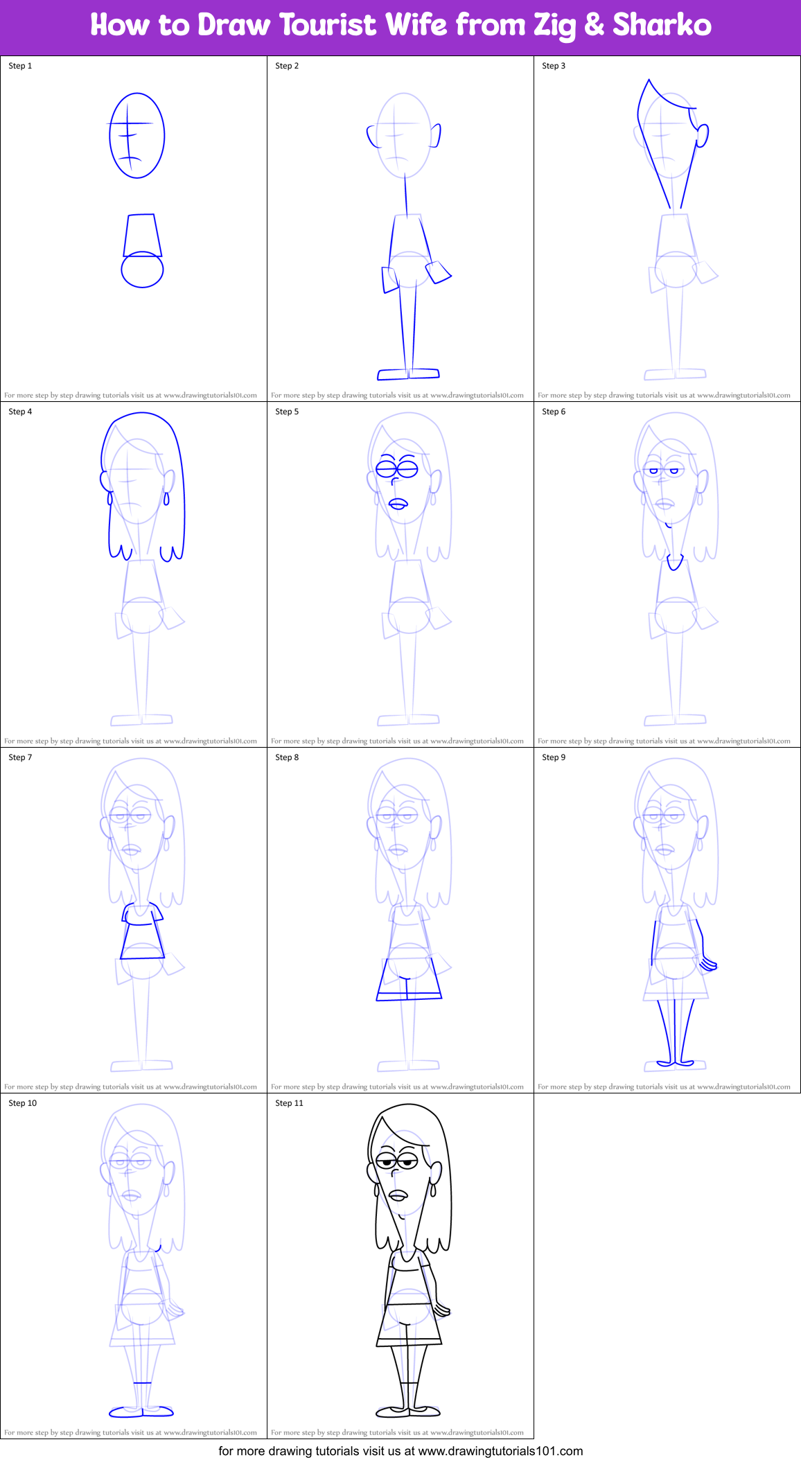 How to Draw Tourist Wife from Zig & Sharko Printable Step by Step