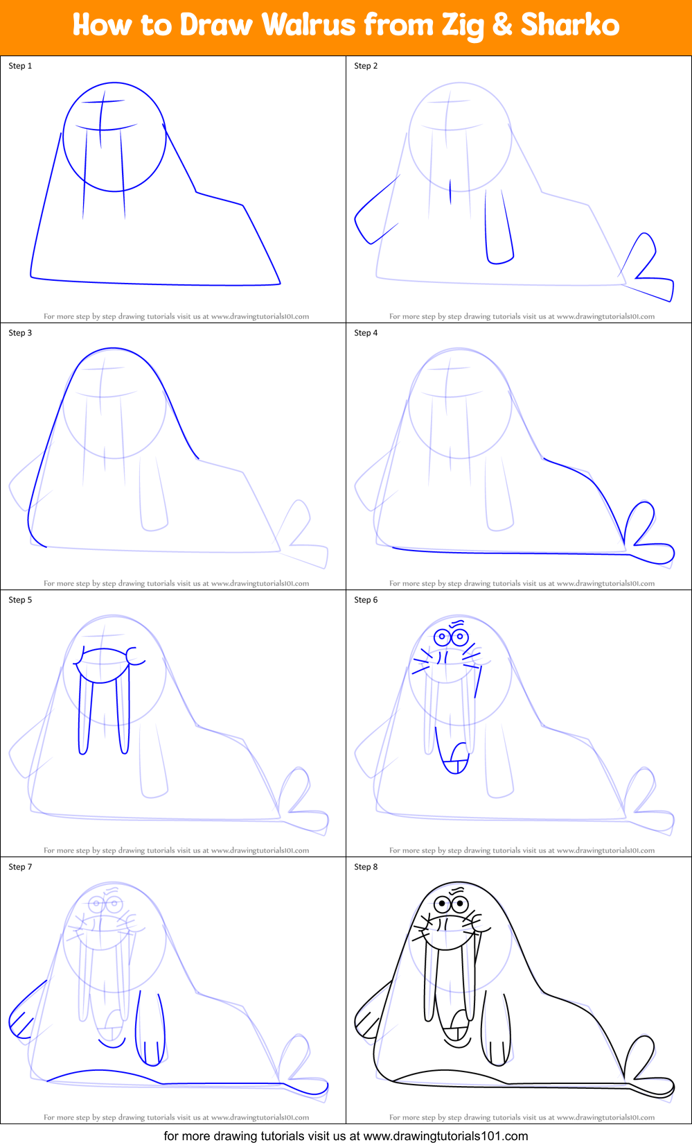 How to Draw Walrus from Zig & Sharko Printable Step by Step