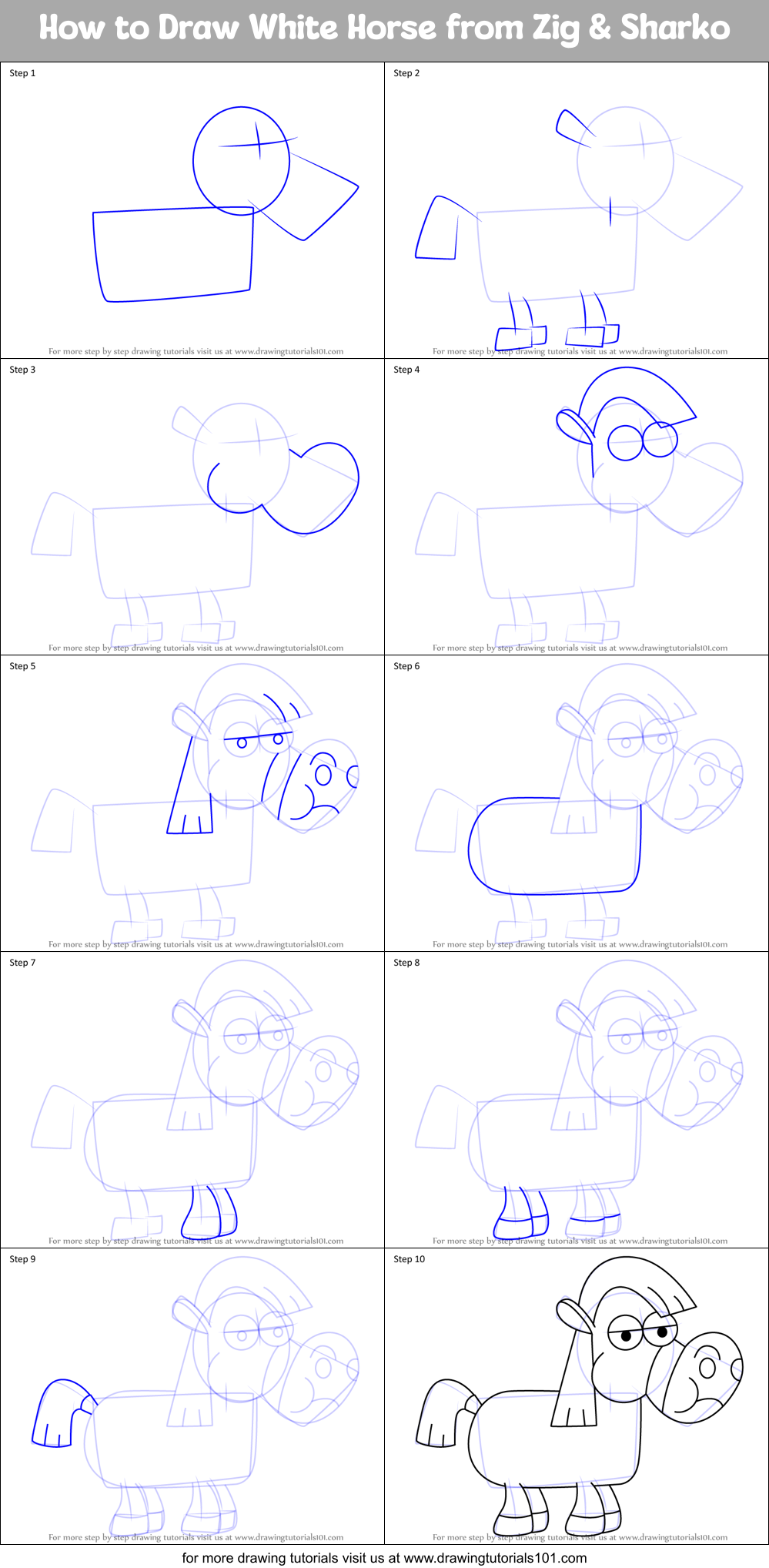 How to Draw White Horse from Zig & Sharko Printable Step by Step