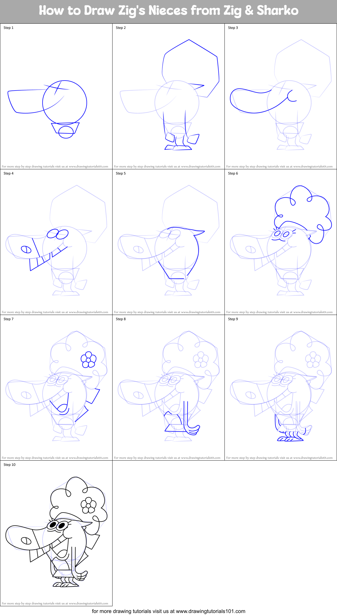 How to Draw Zig's Nieces from Zig & Sharko Printable Step by Step