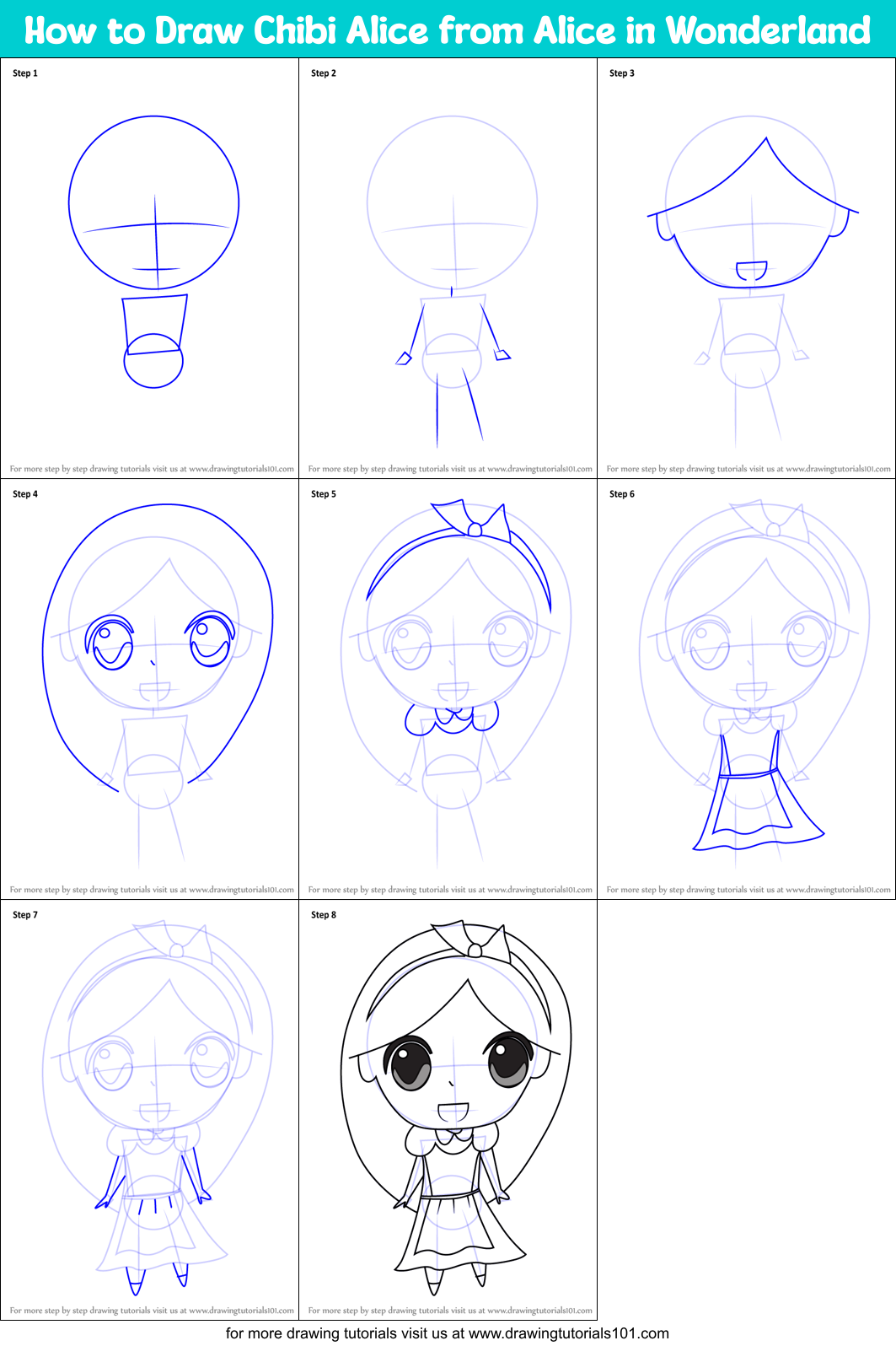 How to Draw Chibi Alice from Alice in Wonderland Printable Step by Step