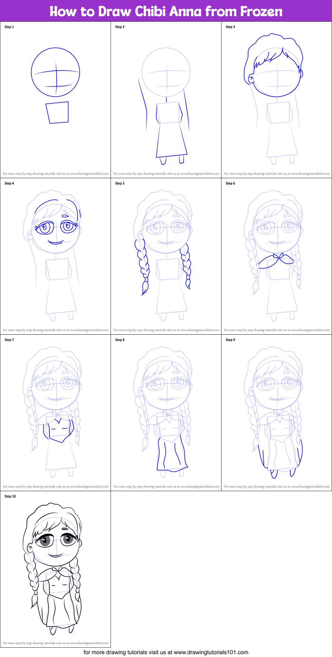 How to Draw Chibi Anna from Frozen Printable Step by Step