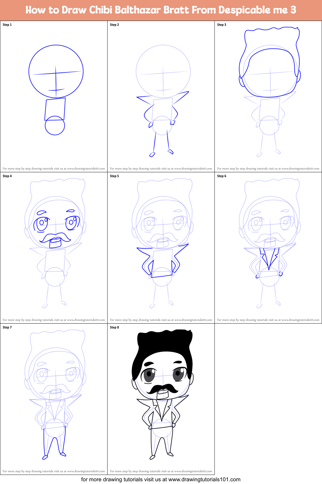 How to Draw Chibi Balthazar Bratt From Despicable me 3 Printable Step by Step