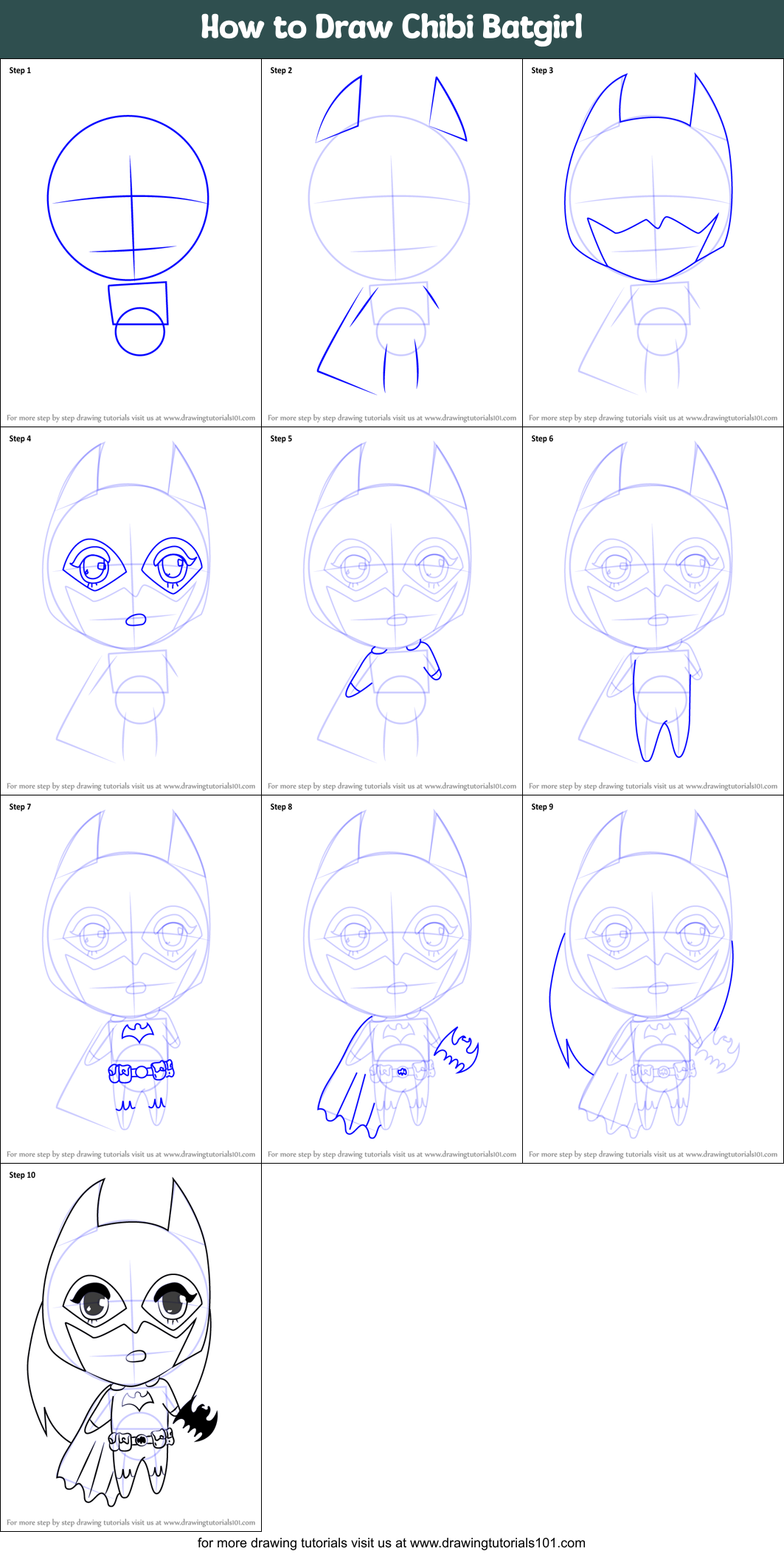 How to Draw Chibi Batgirl Printable Step by Step