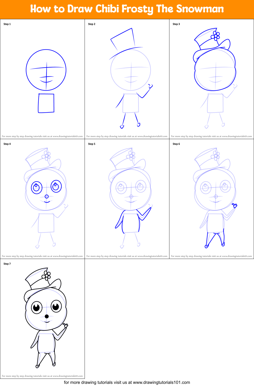 How to Draw Chibi Frosty The Snowman Printable Step by Step